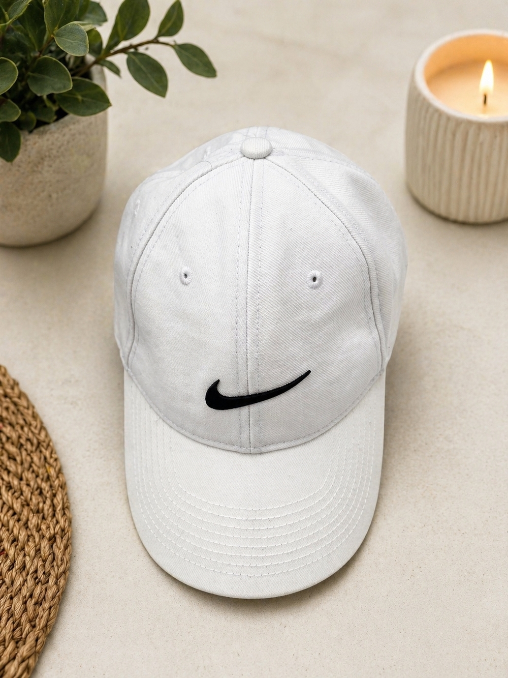 Nike White Baseball Cap with Black Swoosh, Adjustable.